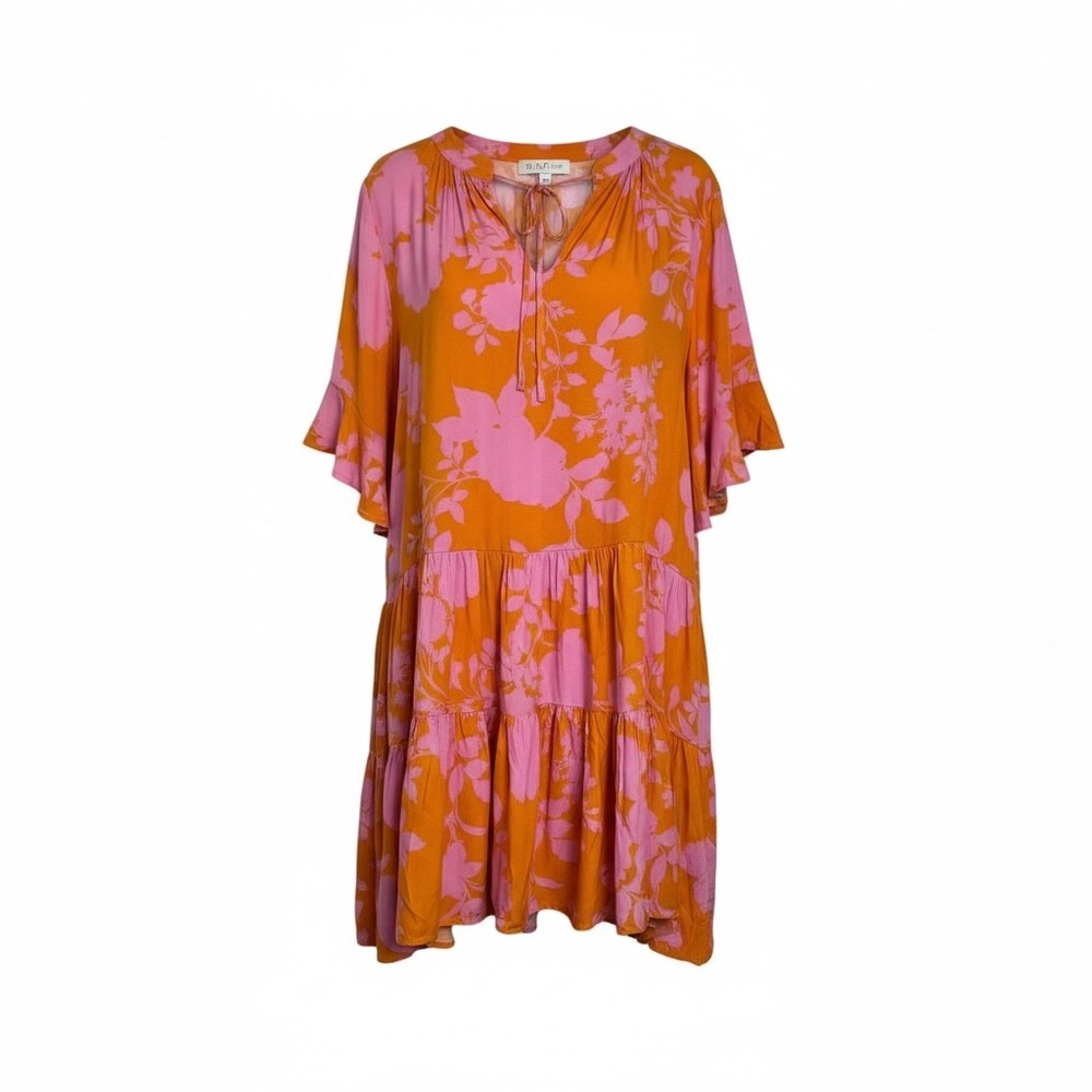Petal + Pup Orange Pink Floral‎ Tiered Ruffle Sleeve Dress XL